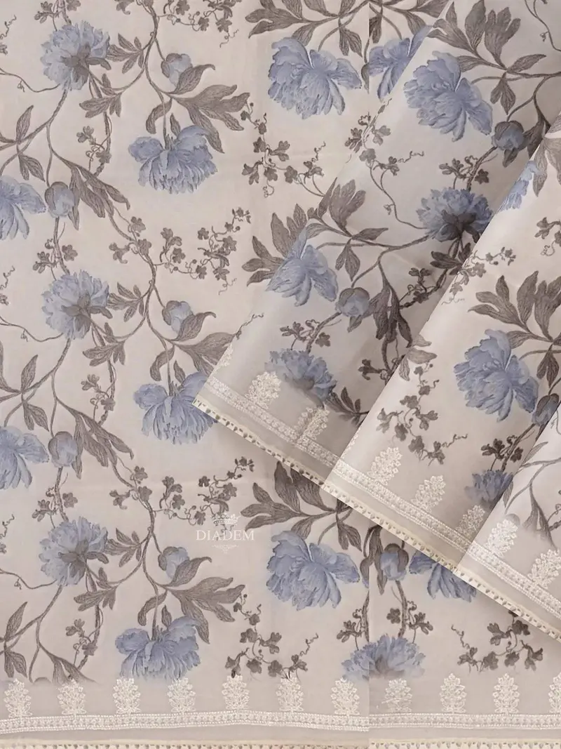 Ivory And Blue Organza Silk Saree With Floral Prints On The Body And Embroidery Border 2