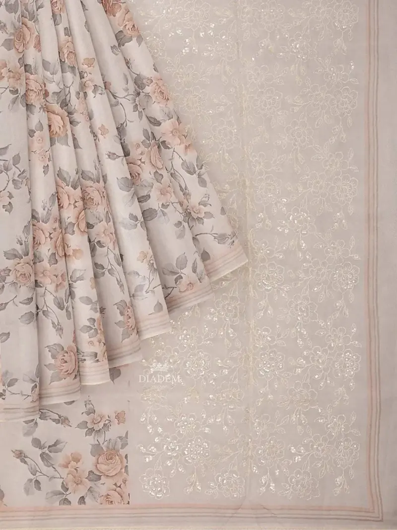 Ivory And Brown Organza Silk Saree With Floral Prints On The Body And Embroidery Border 1