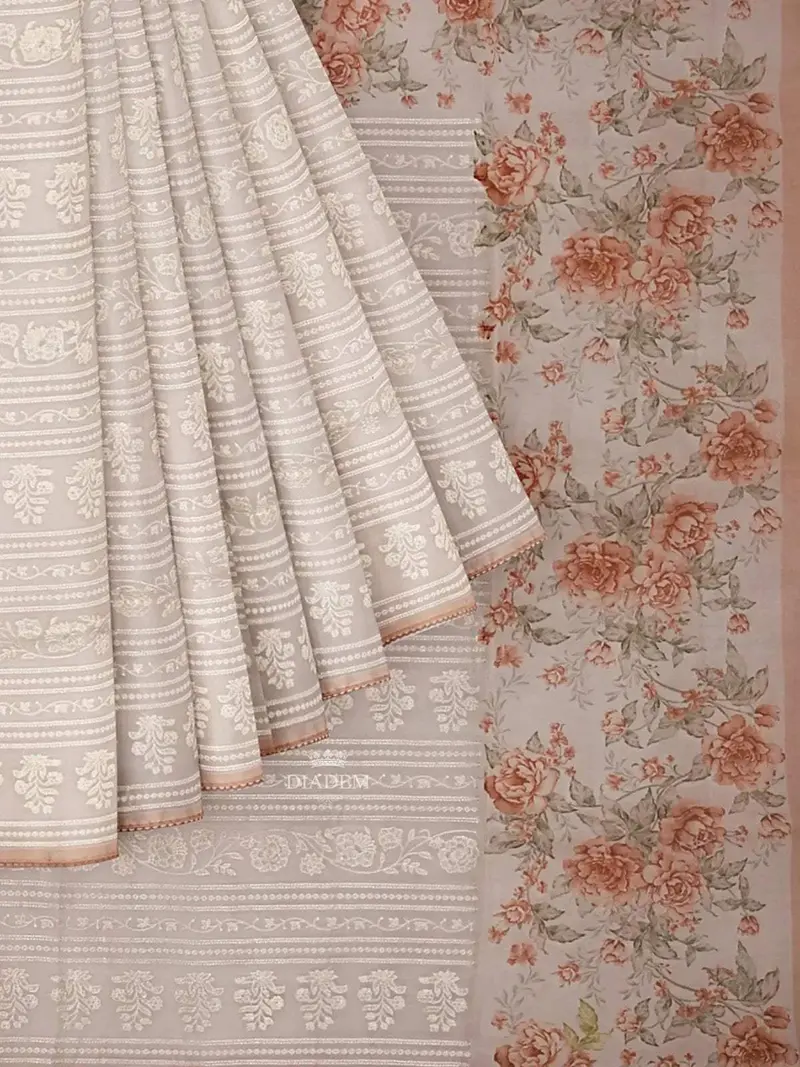 Ivory And Brown Organza Silk Saree With Floral Prints On The Body And Embroidery Border 1