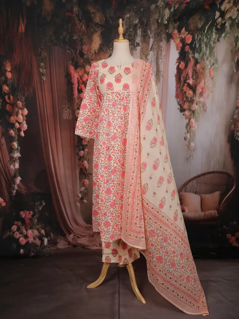 Ivory And Coral Pink Floral Printed Cotton Salwar Suit With Dupatta 1