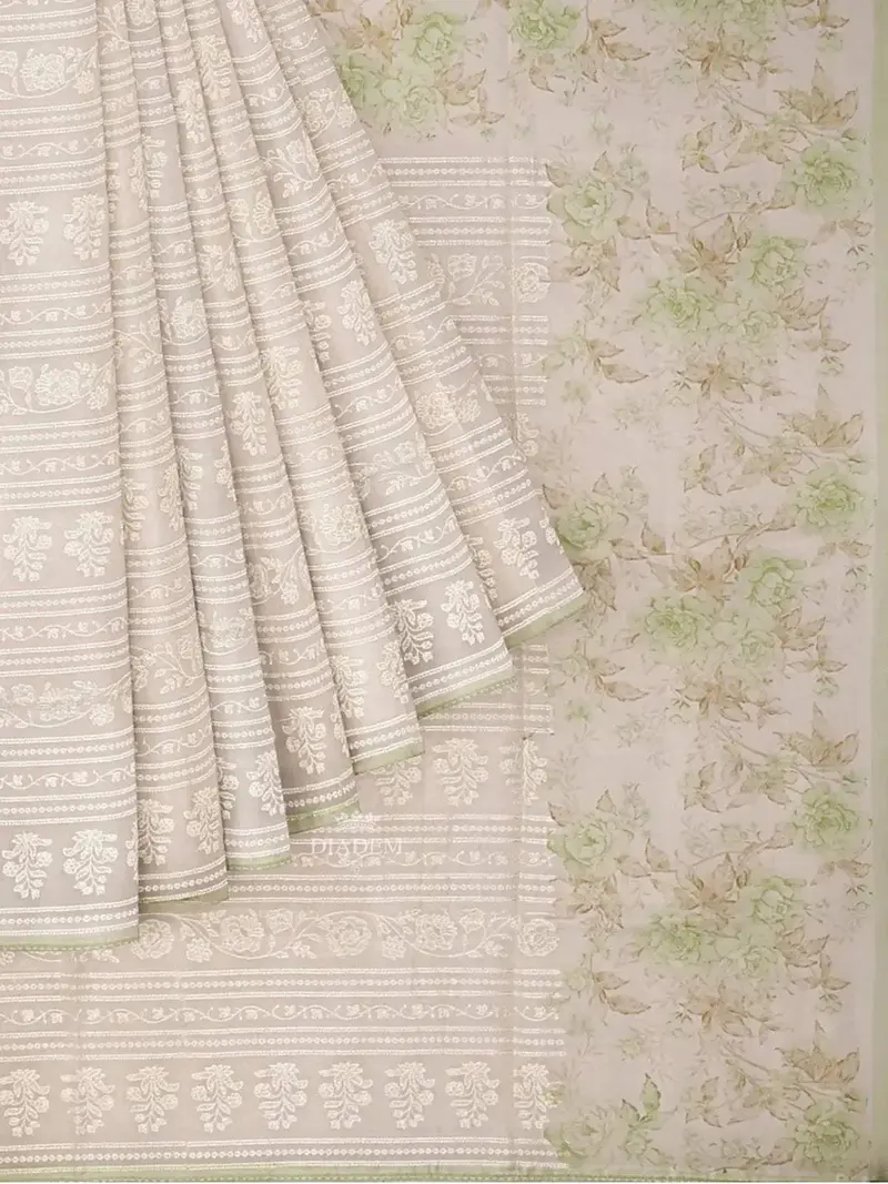 Ivory And Green Organza Saree With Floral Threadwork And Prints On The Body, And Design Border 1