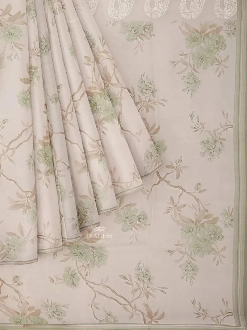 Ivory And Green Organza Silk Saree With Floral Prints On The Body And Embroidery Border 1
