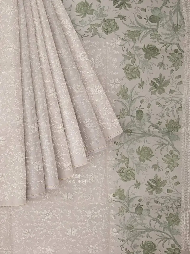 Ivory And Green Organza Silk Saree With Floral Prints On The Body And Embroidery Border 1