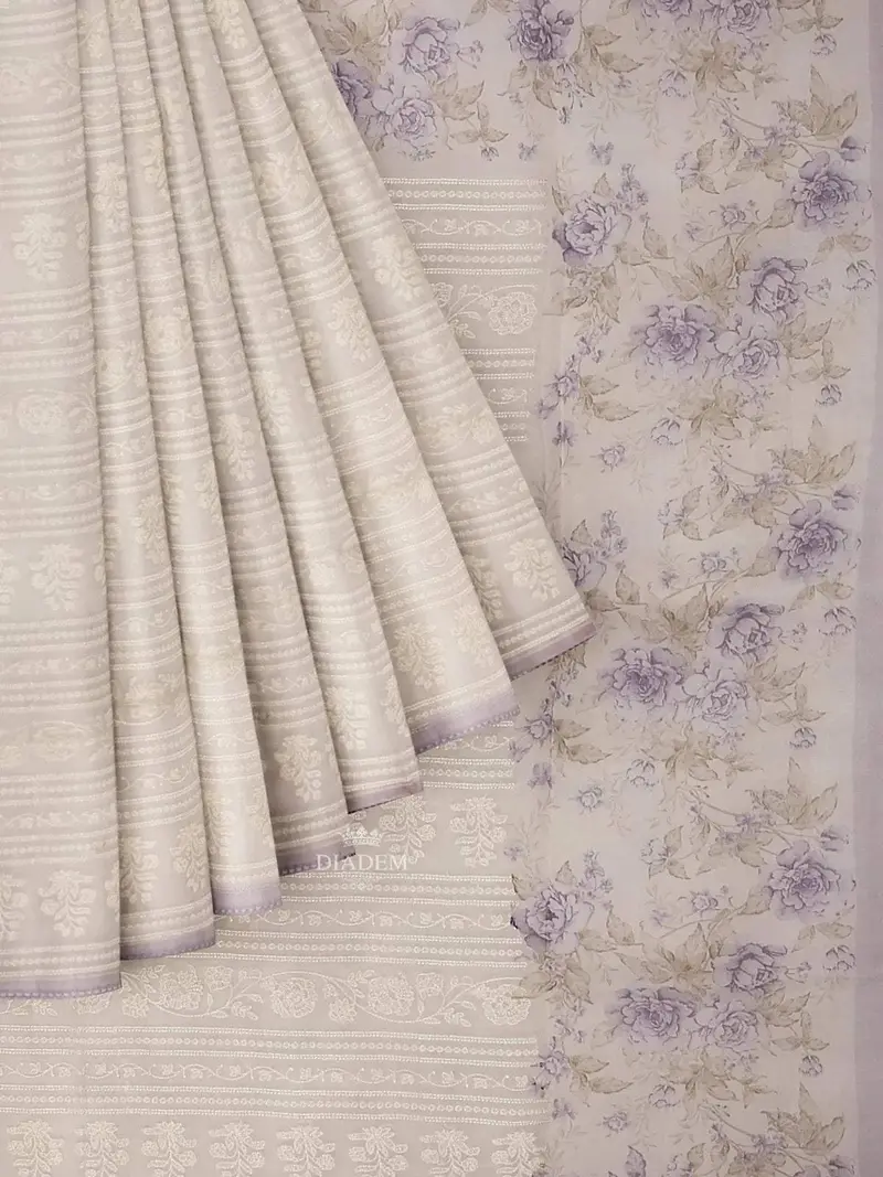 Ivory And Lavender Organza Silk Saree With Floral Prints On The Body And Embroidery Border 1