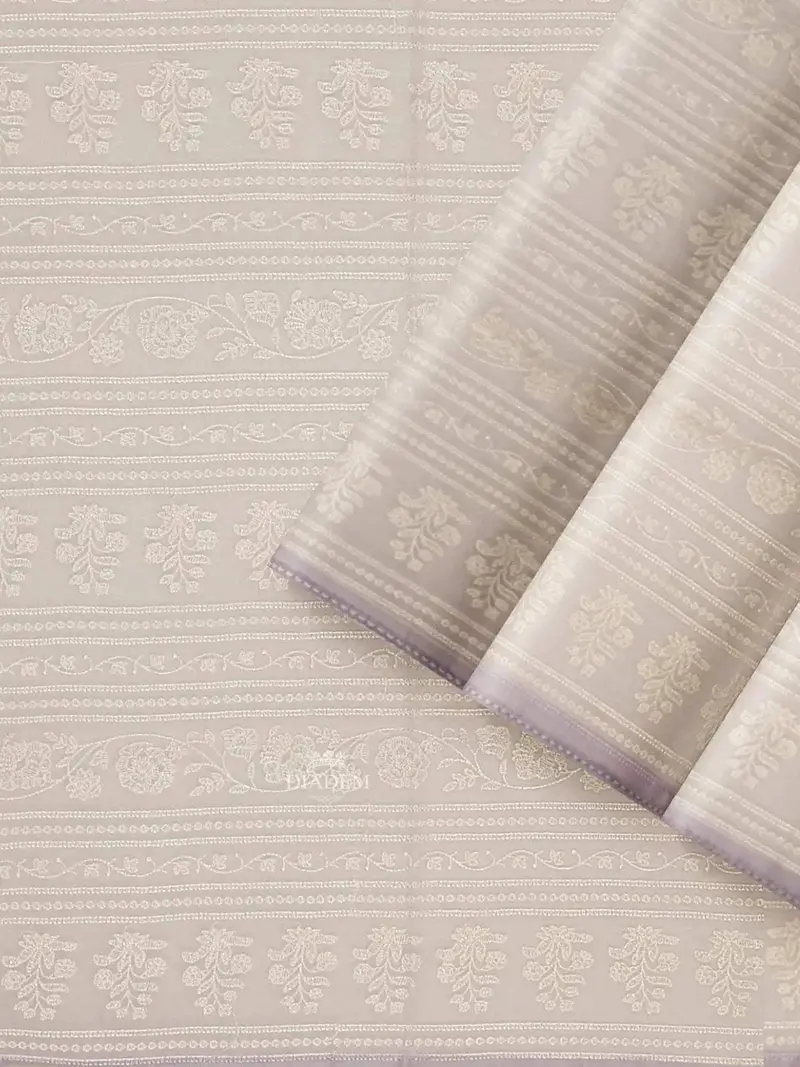 Ivory And Lavender Organza Silk Saree With Floral Prints On The Body And Embroidery Border 2