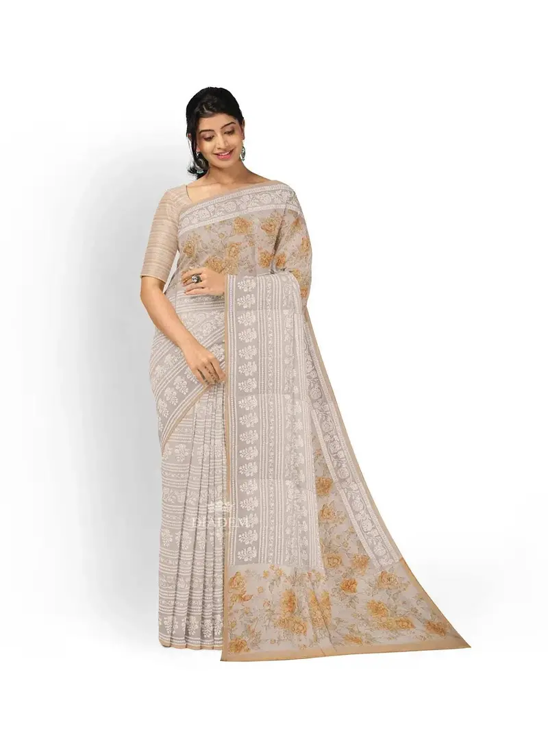 Ivory And Mustard Organza Saree With Floral Threadwork And Prints On The Body, And Design Border 1