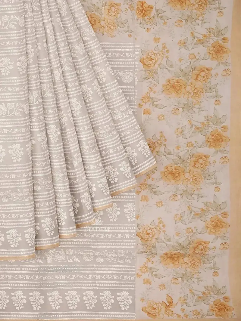 Ivory And Mustard Organza Saree With Floral Threadwork And Prints On The Body, And Design Border 2