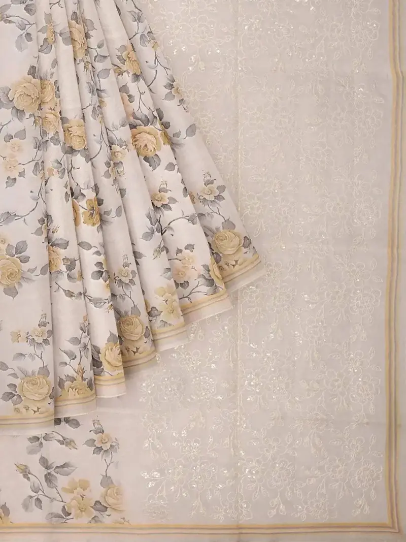 Ivory And Mustard Organza Silk Saree With Floral Prints On The Body And Embroidery Border 1