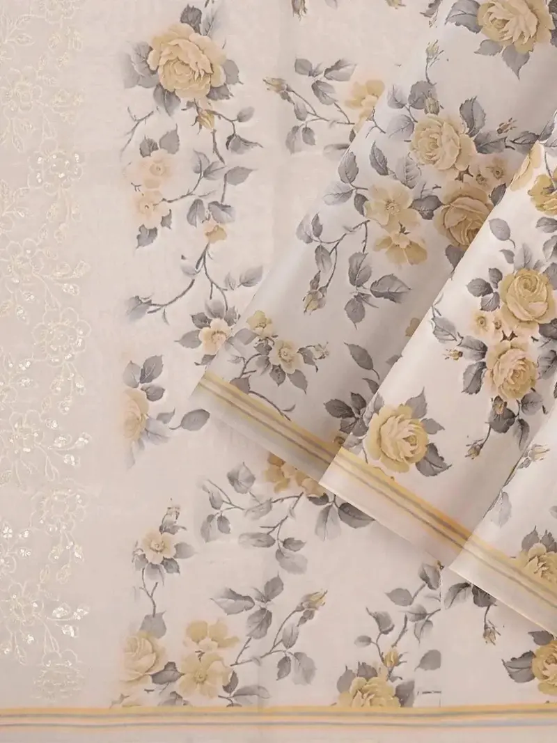 Ivory And Mustard Organza Silk Saree With Floral Prints On The Body And Embroidery Border 2