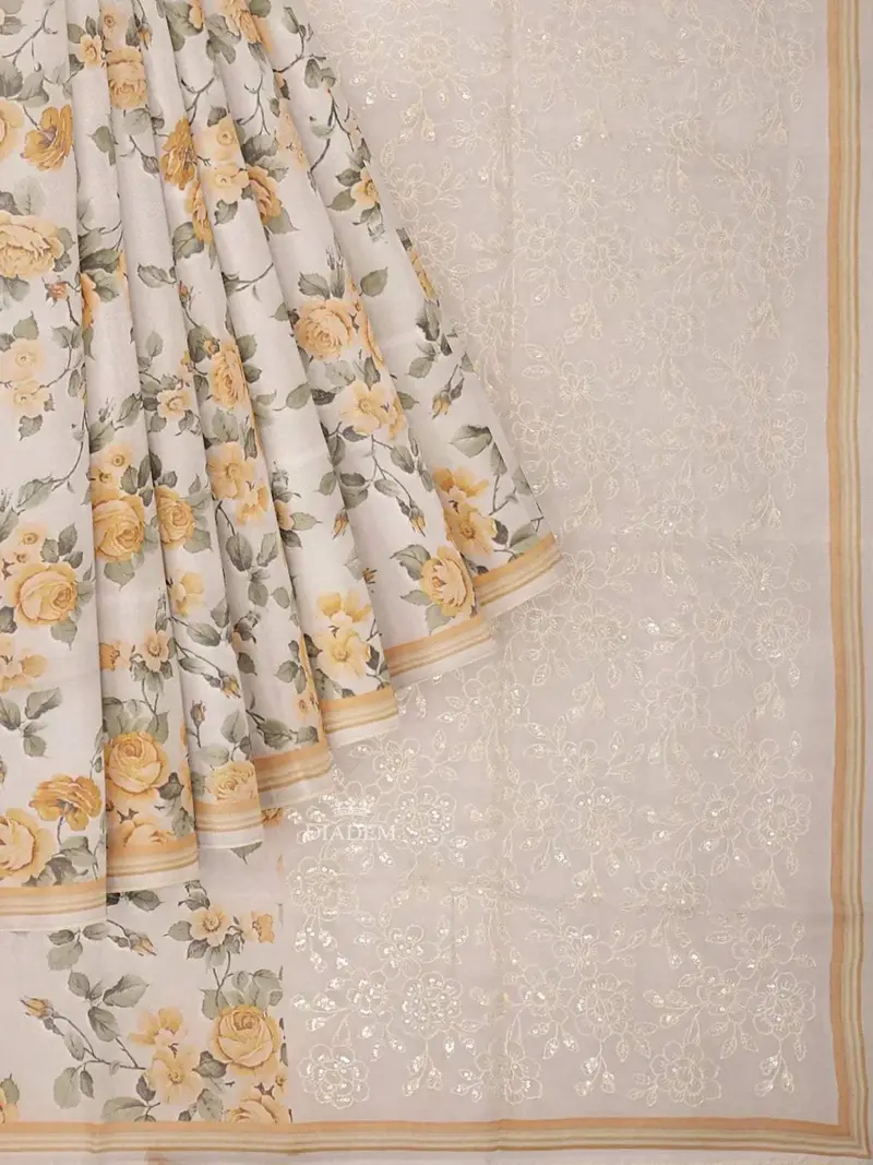 Ivory And Mustard Yellow Organza Silk Saree With Floral Prints On The Body And Embroidery Border 1
