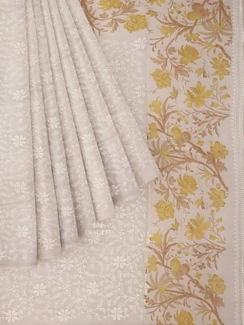 Ivory And Mustard Yellow Organza Silk Saree With Floral Prints On The Body And Embroidery Border 1