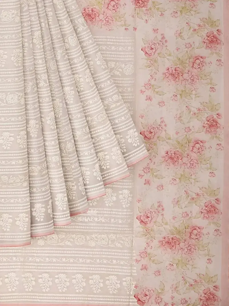 Ivory And Peach Organza Saree With Floral Threadwork And Prints On The Body, And Design Border 1