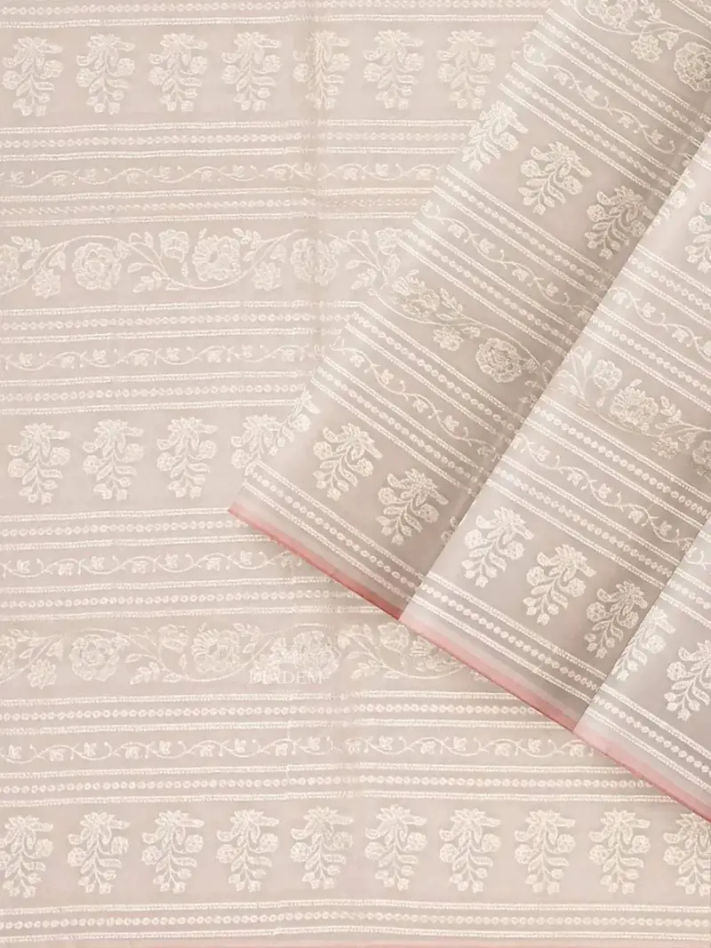Ivory And Peach Organza Saree With Floral Threadwork And Prints On The Body, And Design Border 2
