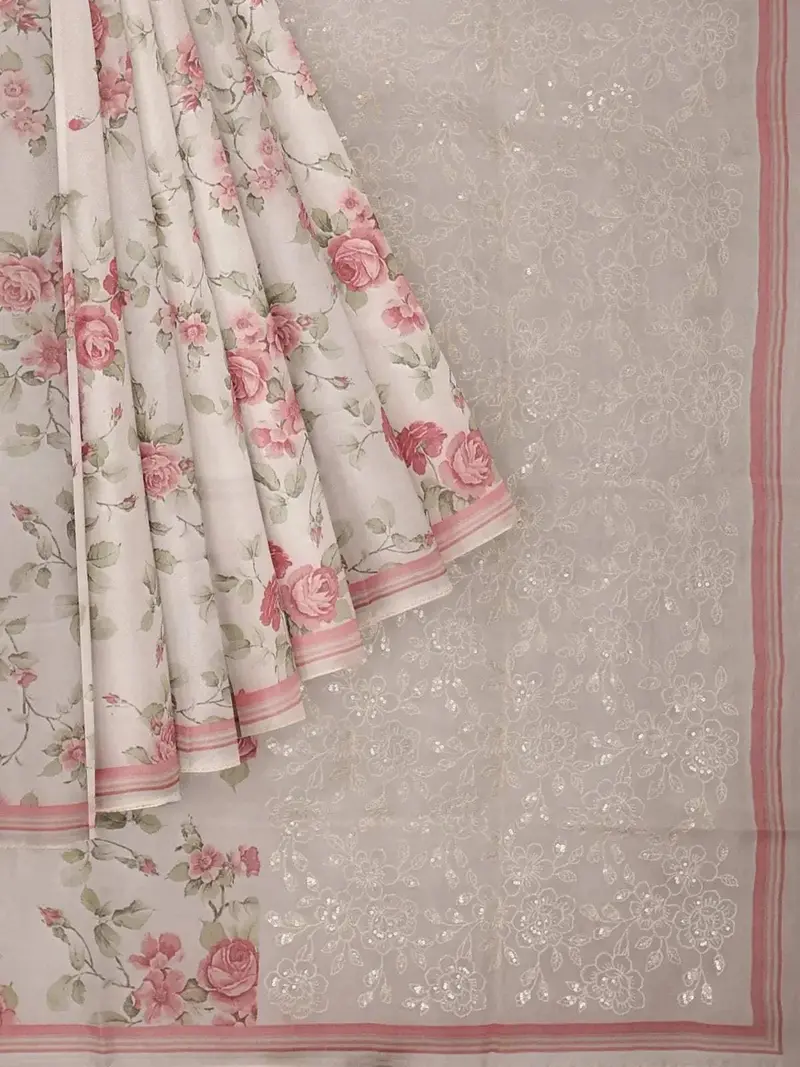 Ivory And Peach Organza Silk Saree With Floral Prints On The Body And Embroidery Border 1