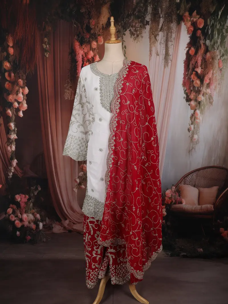 Ivory And Pink Floral And Sequins Embroidered Design Georgette Palazzo Suit With Designer Dupatta 1