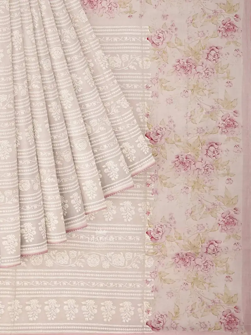 Ivory And Pink Organza Saree With Floral Threadwork And Prints On The Body, And Design Border 1