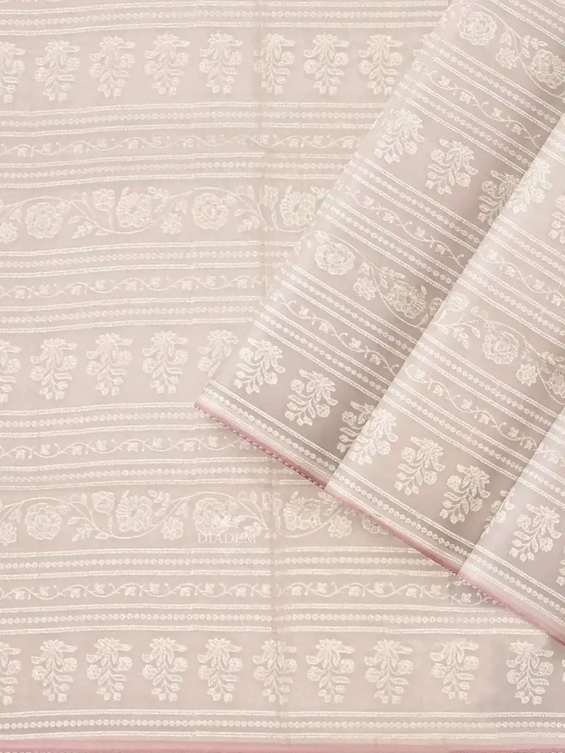 Ivory And Pink Organza Saree With Floral Threadwork And Prints On The Body, And Design Border 2