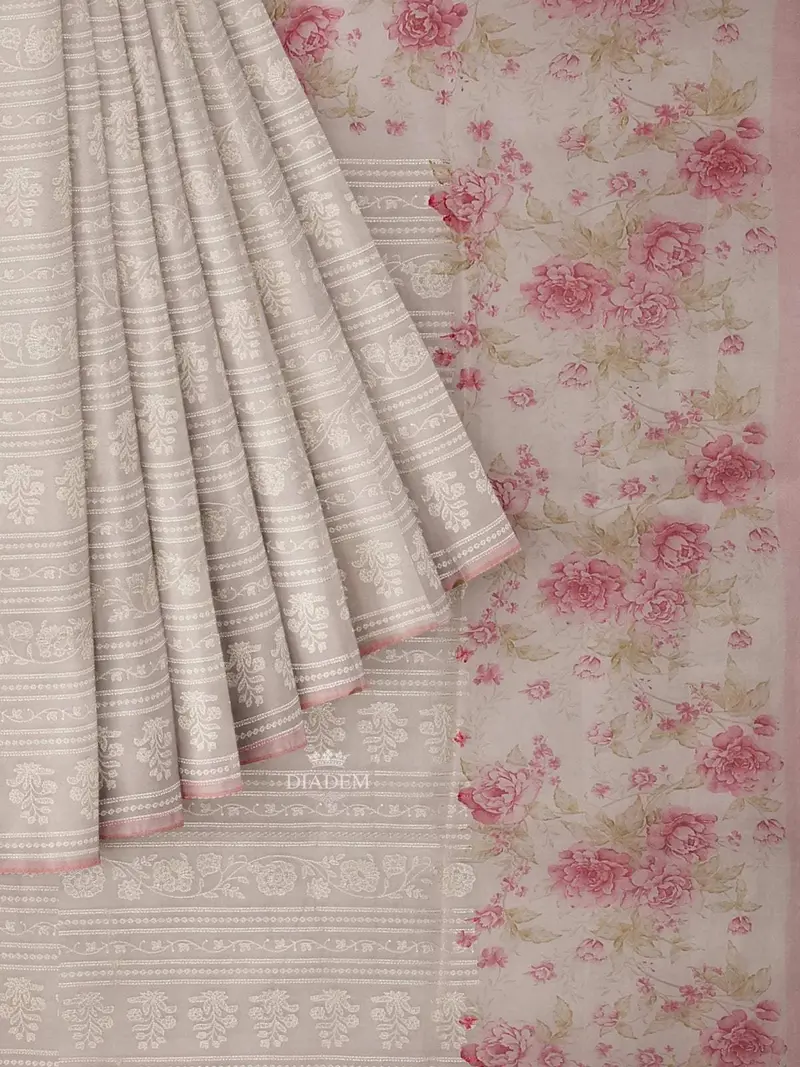 Ivory And Pink Organza Silk Saree With Floral Prints On The Body And Embroidery Border 1