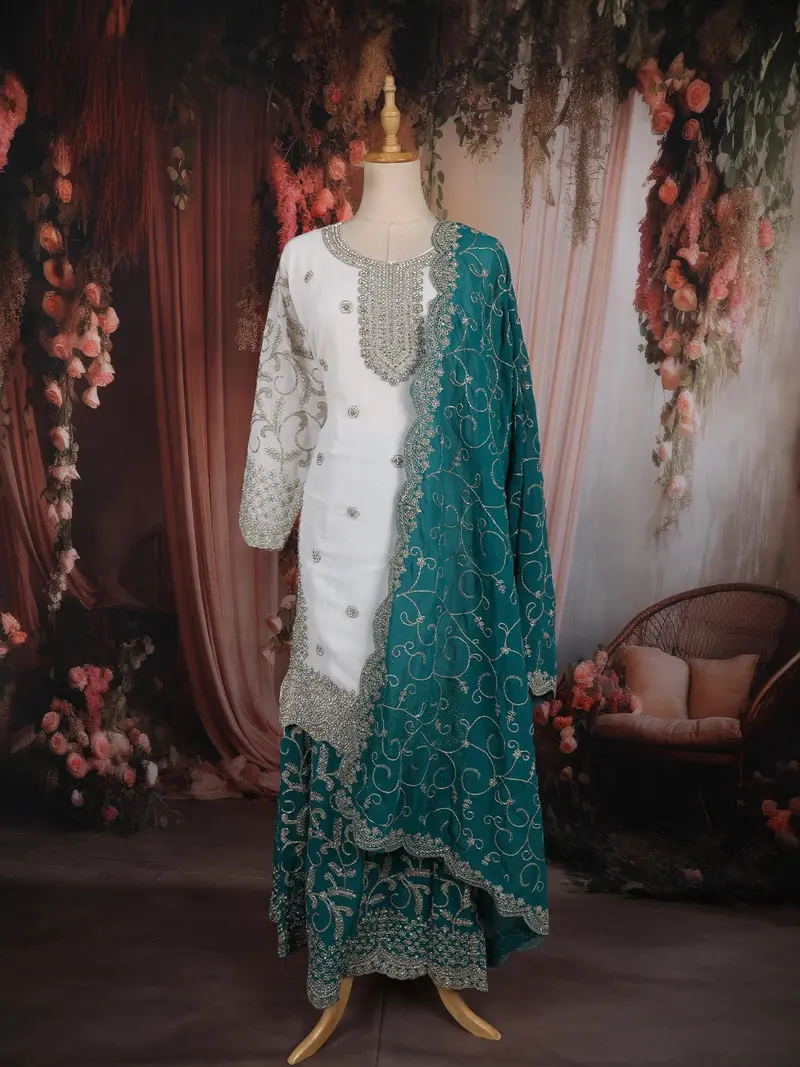 Ivory And Teal Green Floral And Sequins Embroidered Design Georgette Palazzo Suit With Designer Dupatta 1