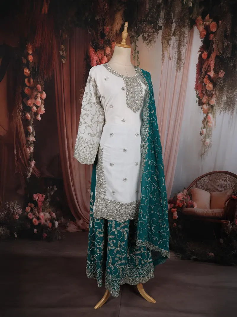Ivory And Teal Green Floral And Sequins Embroidered Design Georgette Palazzo Suit With Designer Dupatta 2