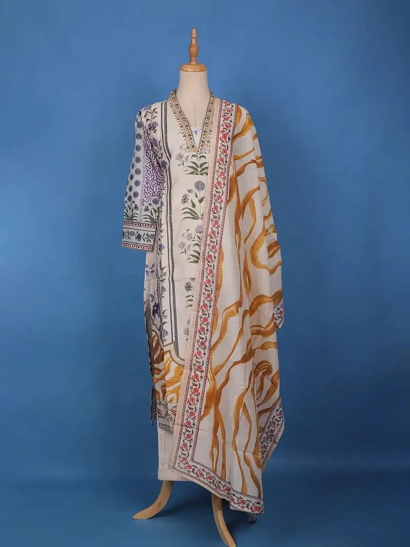 Ivory Base Floral Printed Cotton Salwar Suit 1