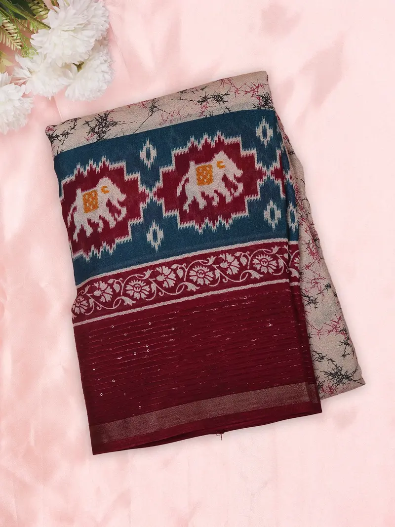 Ivory Beige Abstract Printed Design Semi Silk Saree With Elephant Ikat Motif Border 1