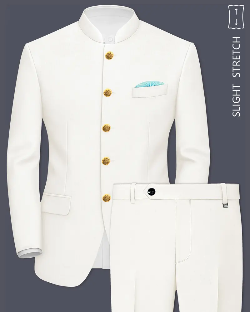 Ivory-Cararra Cream Wool Rich Bandhgala Slight Stretch Suit 1