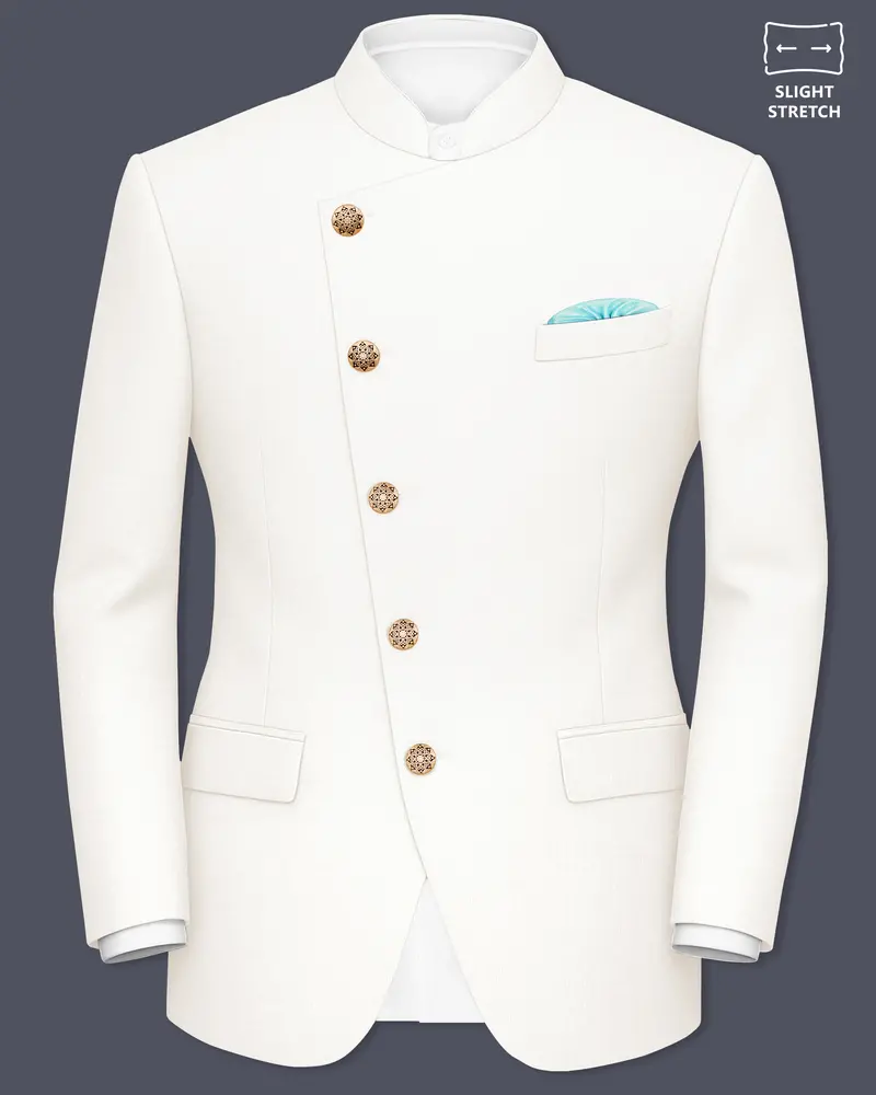 Ivory-Cararra Cream Wool Rich Cross Placket Bandhgala Slight Stretch Blazer 1