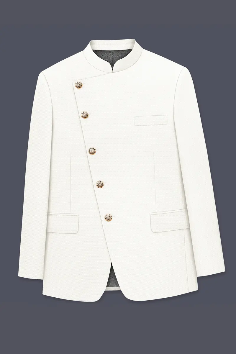 Ivory-Cararra Cream Wool Rich Cross Placket Bandhgala Slight Stretch Blazer 6