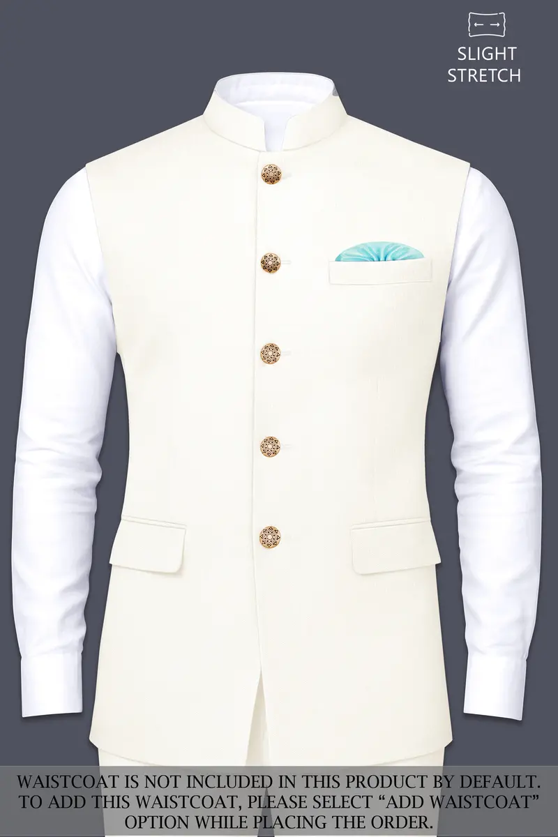 Ivory-Cararra Cream Wool Rich Cross Placket Bandhgala Slight Stretch Suit 15