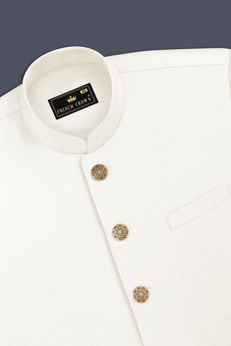 Ivory-Cararra Cream Wool Rich Cross Placket Bandhgala Slight Stretch Suit 17