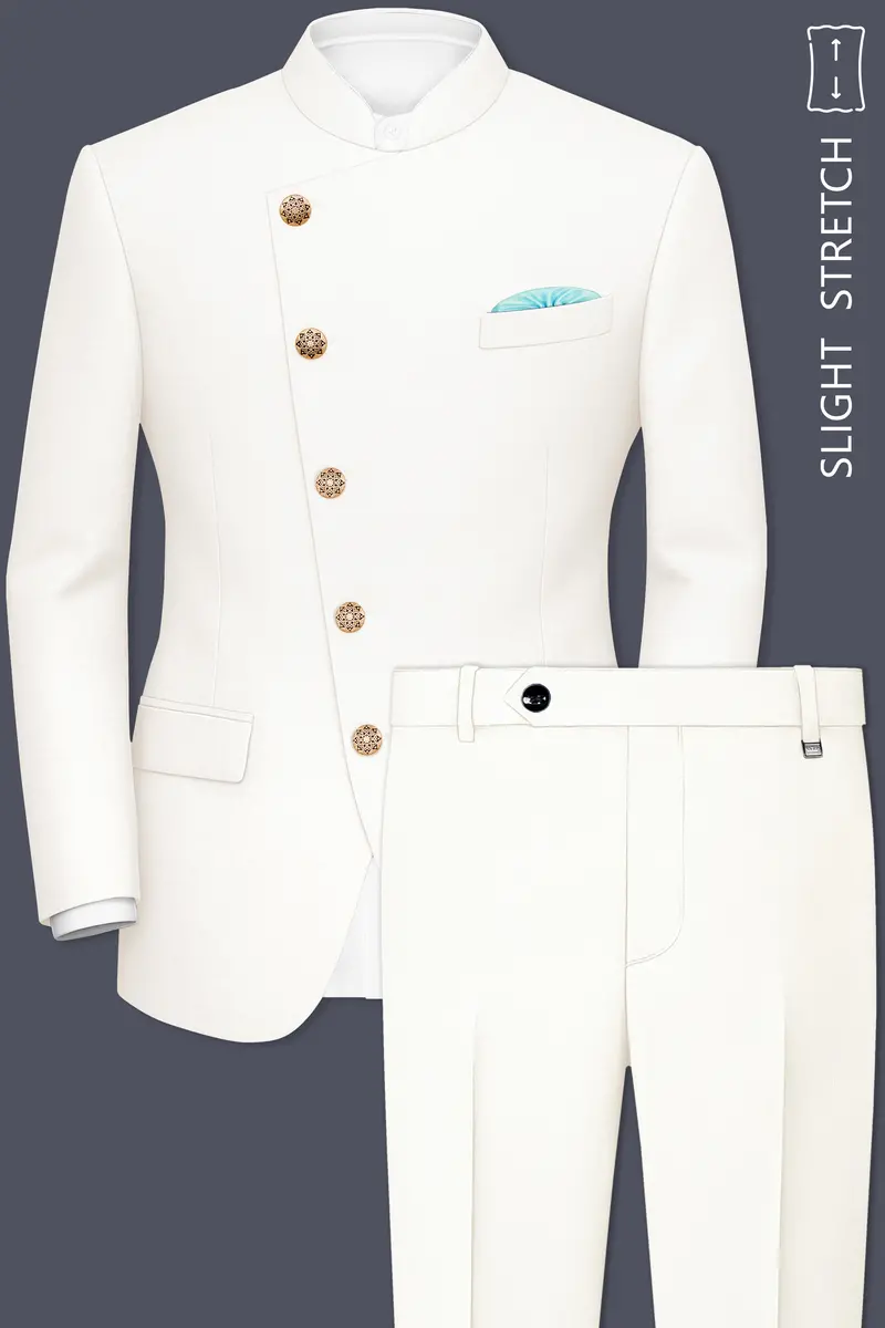 Ivory-Cararra Cream Wool Rich Cross Placket Bandhgala Slight Stretch Suit 2