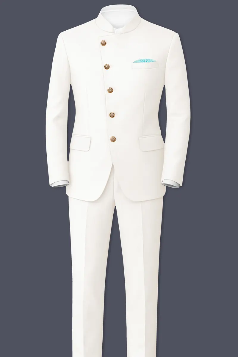 Ivory-Cararra Cream Wool Rich Cross Placket Bandhgala Slight Stretch Suit 4