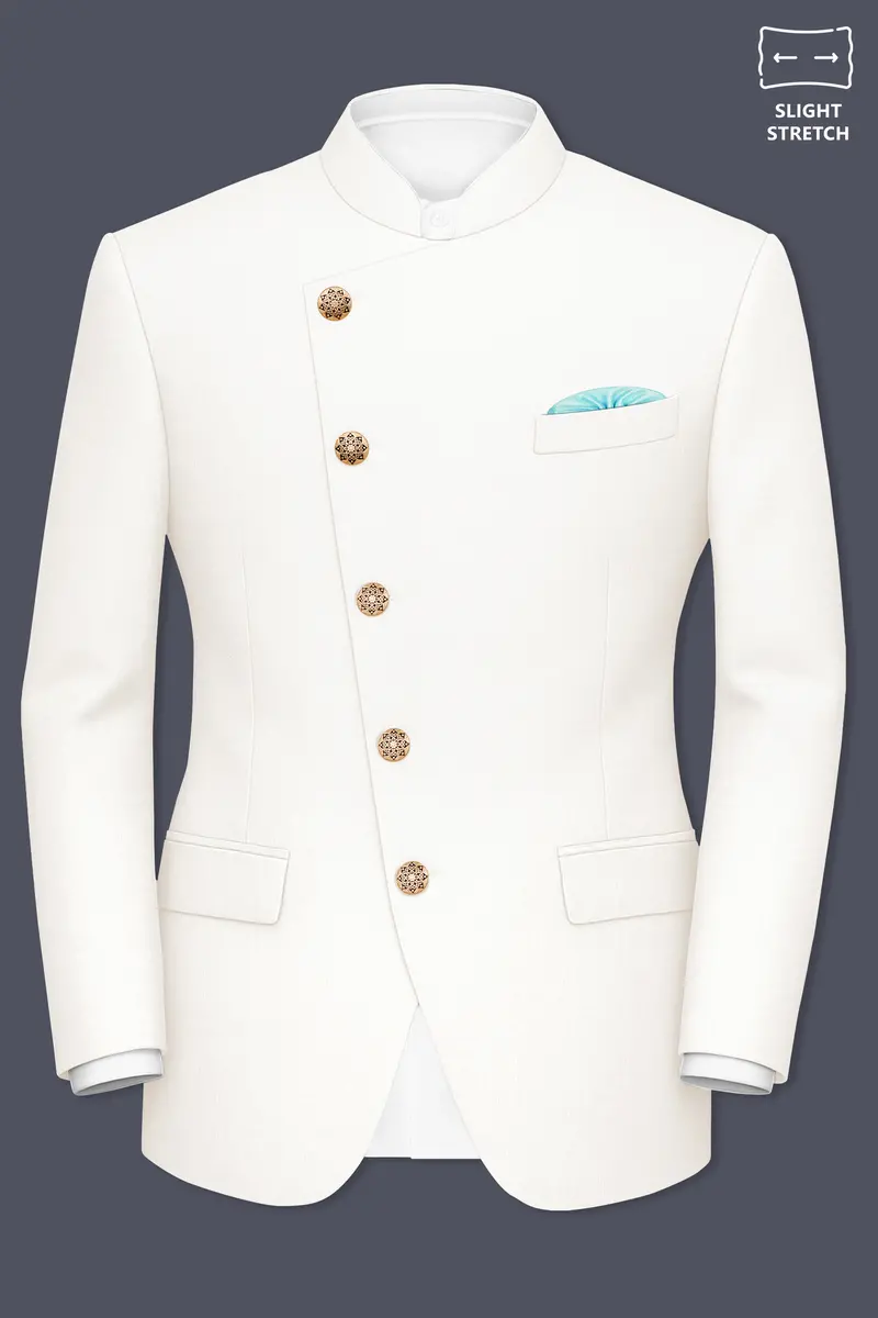 Ivory-Cararra Cream Wool Rich Cross Placket Bandhgala Slight Stretch Suit 9