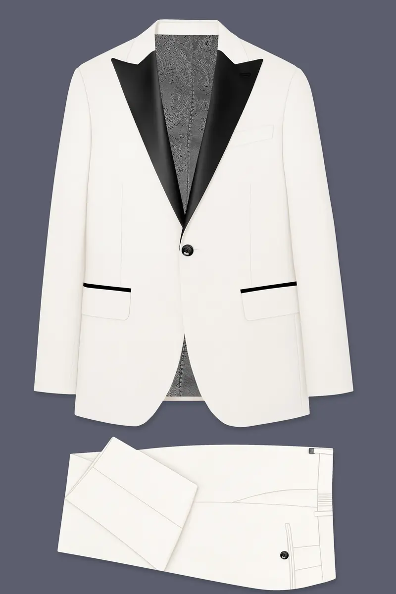 Ivory-Cararra Cream Wool Rich Peak Lapel Tuxedo Slight Stretch Suit 11