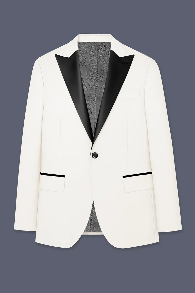 Ivory-Cararra Cream Wool Rich Peak Lapel Tuxedo Slight Stretch Suit 8