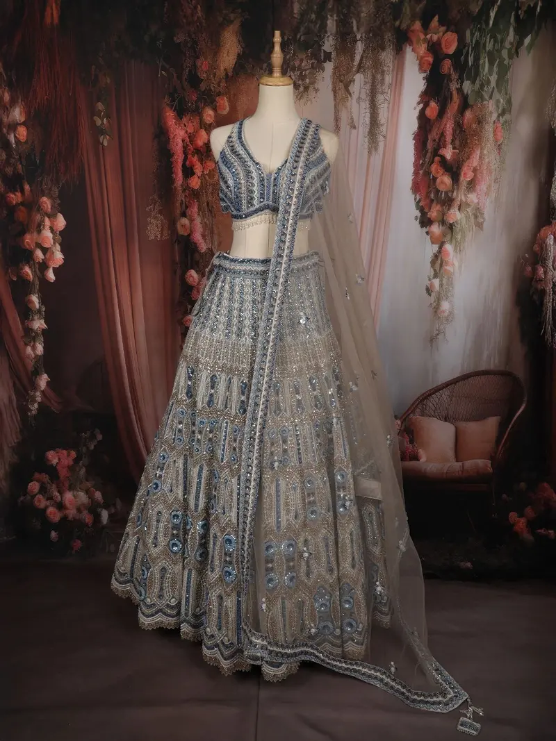 Ivory Champagne Blue Heavy Sequins And Beads Embroidered Design Bridal Net Lehenga With Dupatta 1
