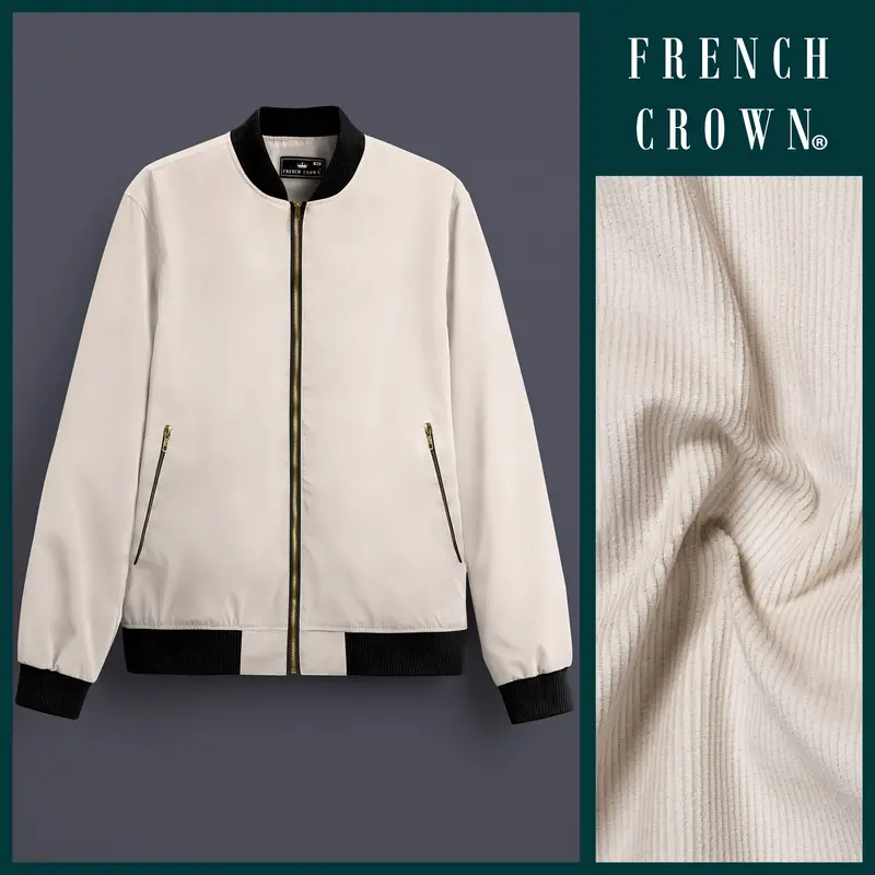 Ivory Cord-Pearl Bush Cream Textured Corduroy Premium Bomber Jacket 1