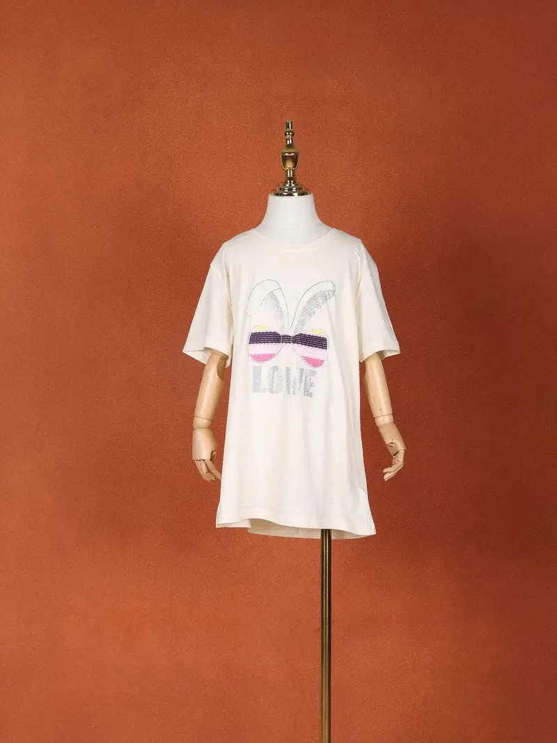 Ivory Cotton Blend T-Shirt For Girls Adorned With Stone Work 1