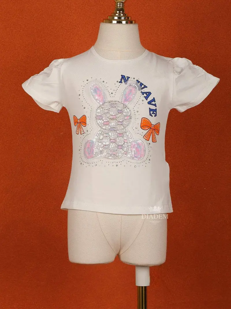 Ivory Cotton Half Sleeve Embroidery T-Shirt For Girls 1