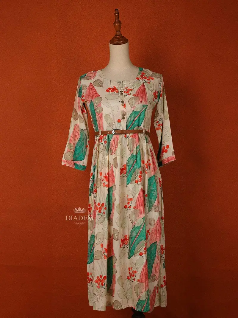 Ivory Cotton Maxi Dress For Girls Adorned With Floral Prints And Waist Belt 1