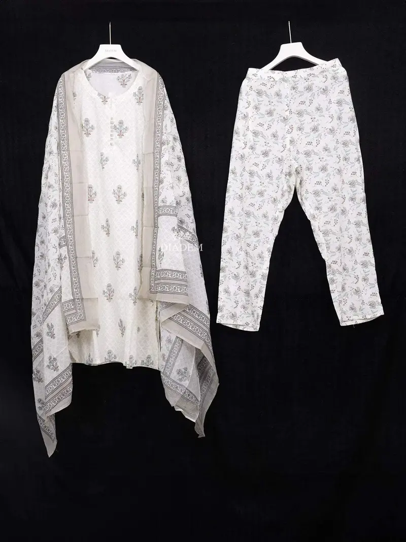 Ivory Cotton Straight Cut Salwar Suit Adorned With Floral Prints Paired With Dupatta 1