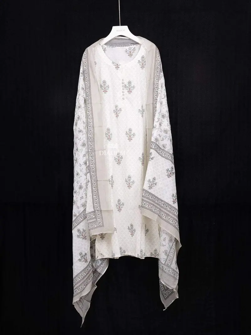 Ivory Cotton Straight Cut Salwar Suit Adorned With Floral Prints Paired With Dupatta 2