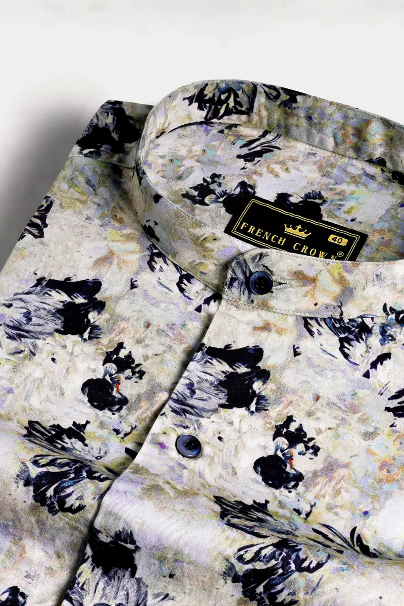 Ivory Cream And Haiti Blue Abstract Printed Subtle Sheen Super Soft Premium Cotton Shirt 1