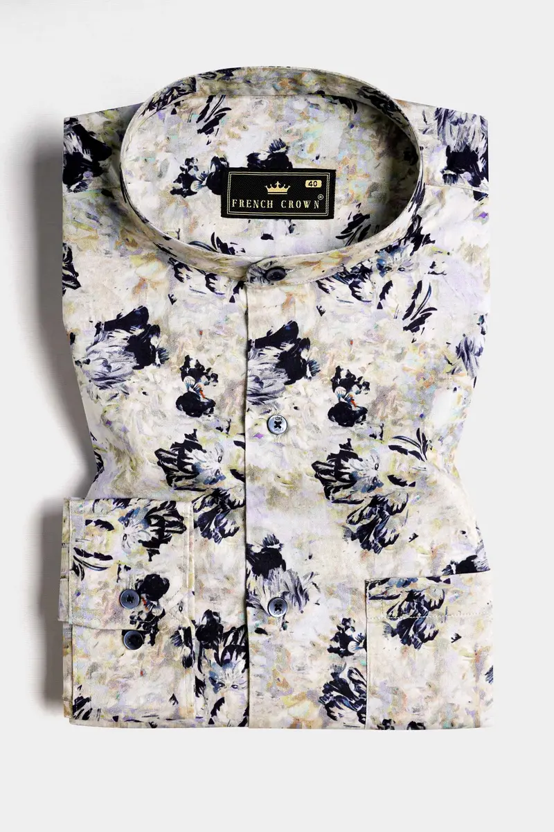 Ivory Cream And Haiti Blue Abstract Printed Subtle Sheen Super Soft Premium Cotton Shirt 3