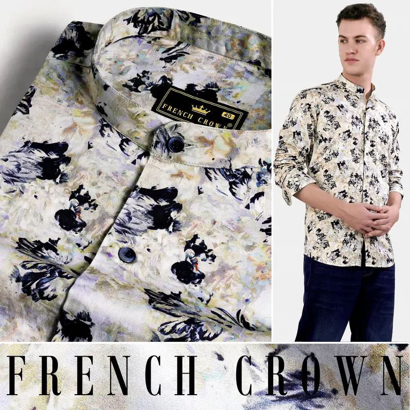 Ivory Cream And Haiti Blue Abstract Printed Subtle Sheen Super Soft Premium Cotton Shirt 4