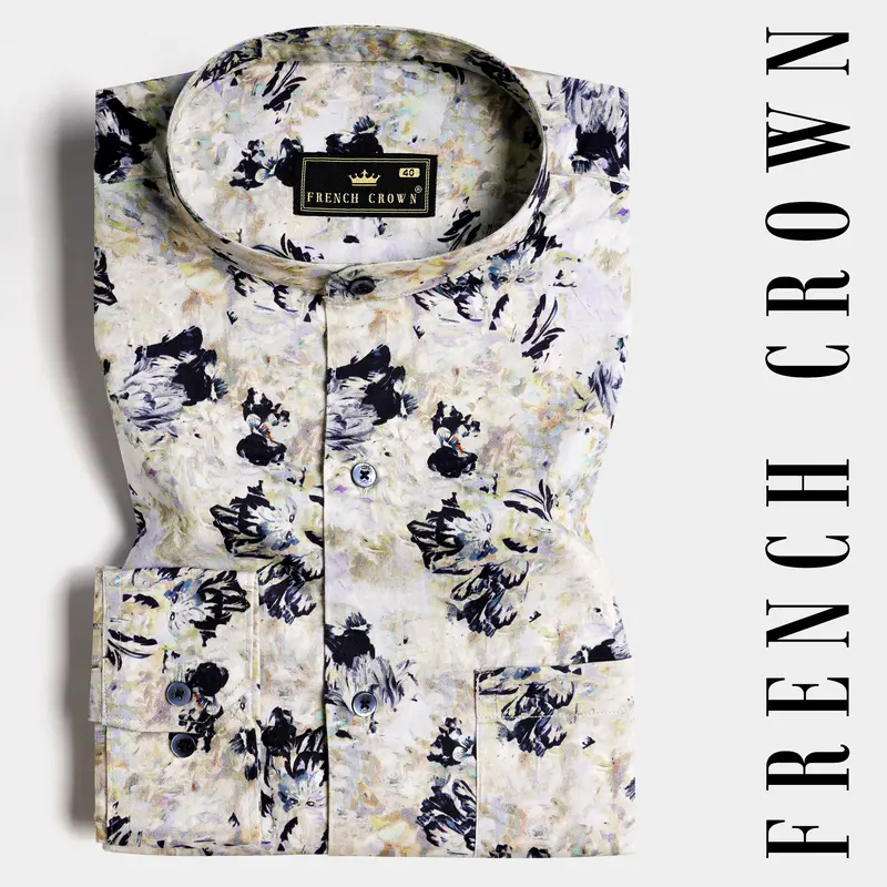 Ivory Cream And Haiti Blue Abstract Printed Subtle Sheen Super Soft Premium Cotton Shirt 7