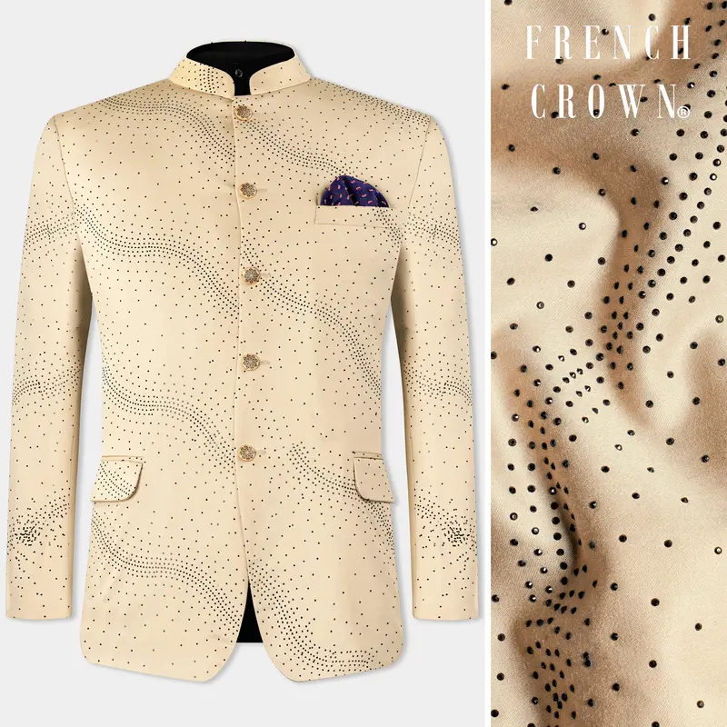 Ivory Cream Stonework Wool Rich Bandhgala Designer Blazer 1