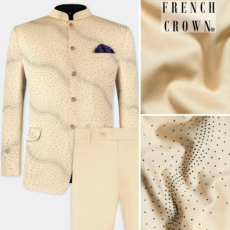Ivory Cream Stonework Wool Rich Bandhgala Designer Suit 1