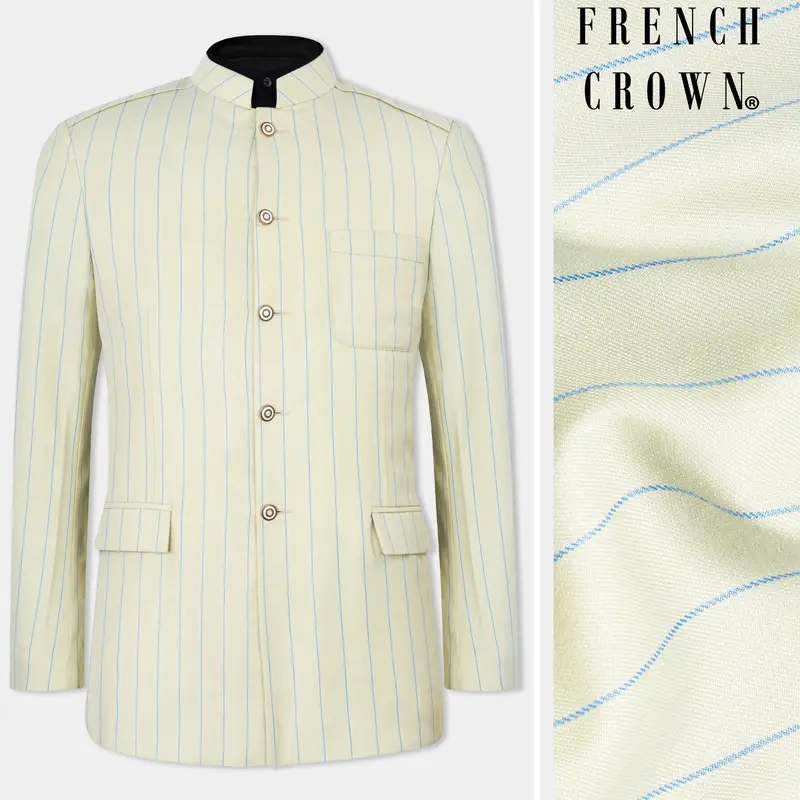 Ivory Cream With Celestial Blue Striped Wool Rich Bandhgala Blazer 1